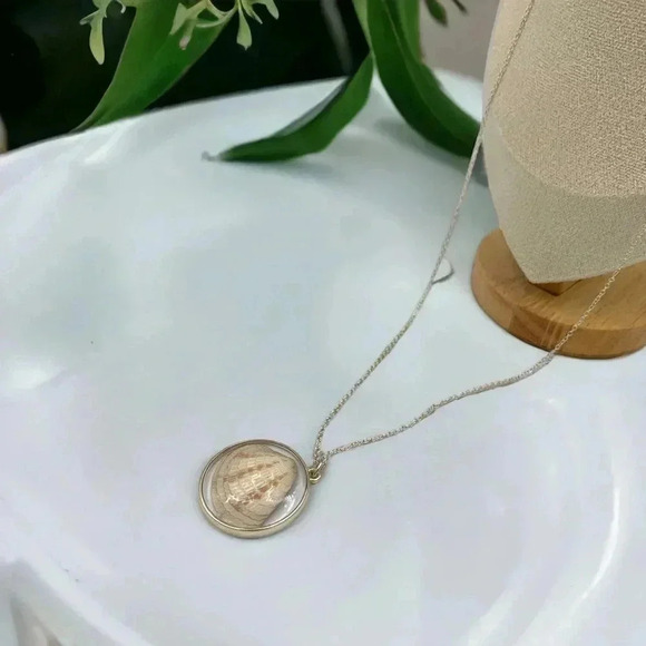 Seashells by the Seashore Cockle Shell Resin Statement Necklace Silver Chain 22" - Picture 3 of 5